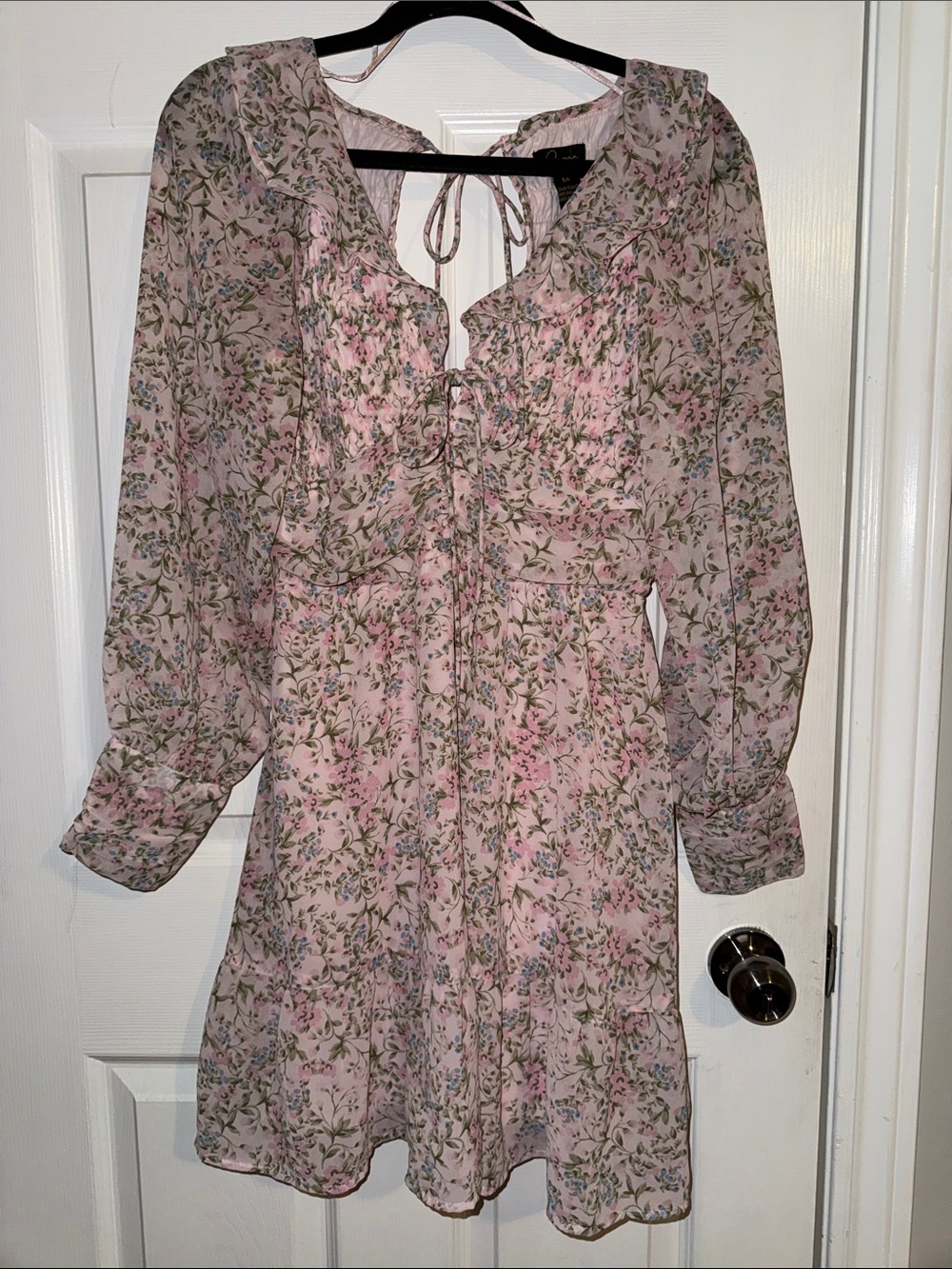 Japna Pink Floral Long Sleeve Tie-Front Mini Dress